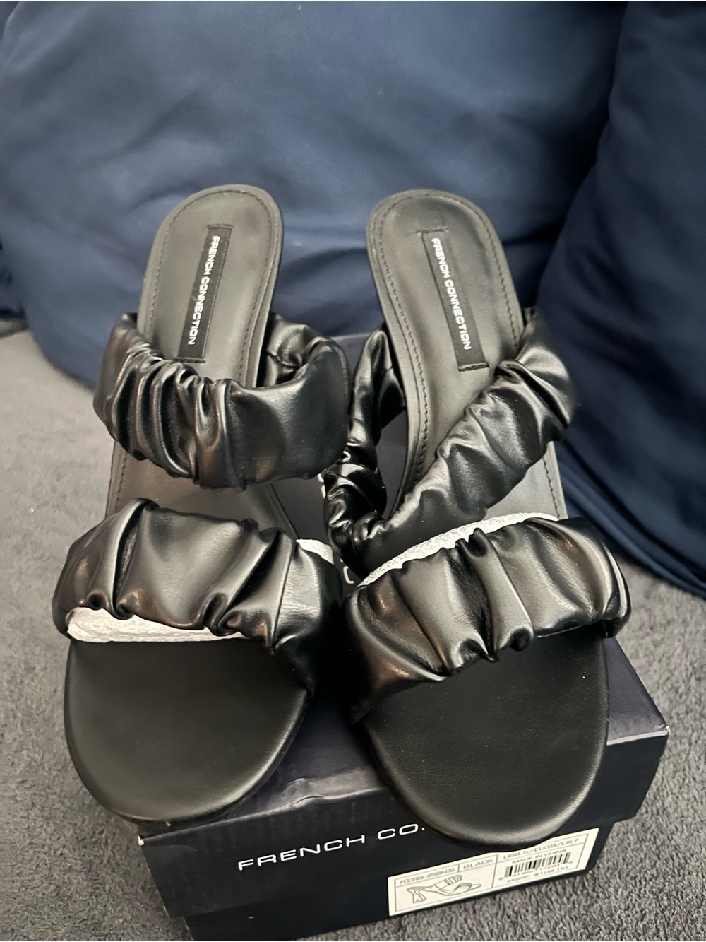 French Connection Black Ruched Leather Heeled Mules Size 8.5